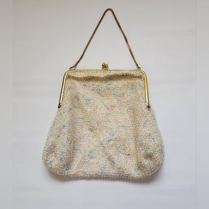 Vintage 1950’s Lumured Corde Beaded Pink Blue Cream Floral Hinged Purse